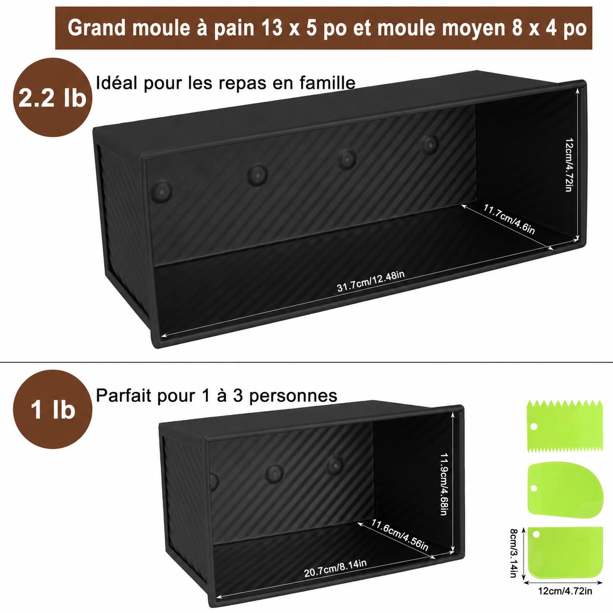 Lot de 2 Moules à Pain de Mie avec Couvercle, 450 g et 1000 g