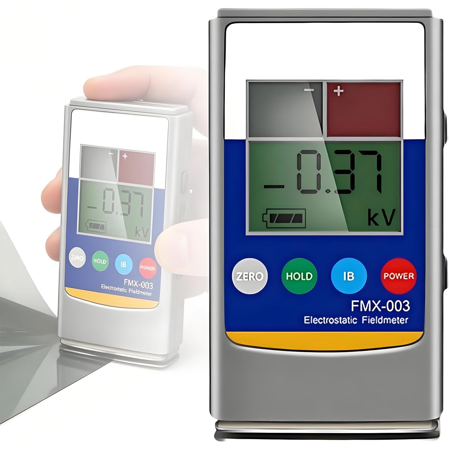 Ręczny miernik ładunków elektrostatycznych (zakres 0–20 kV / 30 kV) – przenośne urządzenie antystatyczne z wyświetlaczem LCD do tekstyliów, włókien, papieru, gumy i tworzyw sztucznych. FMX-003