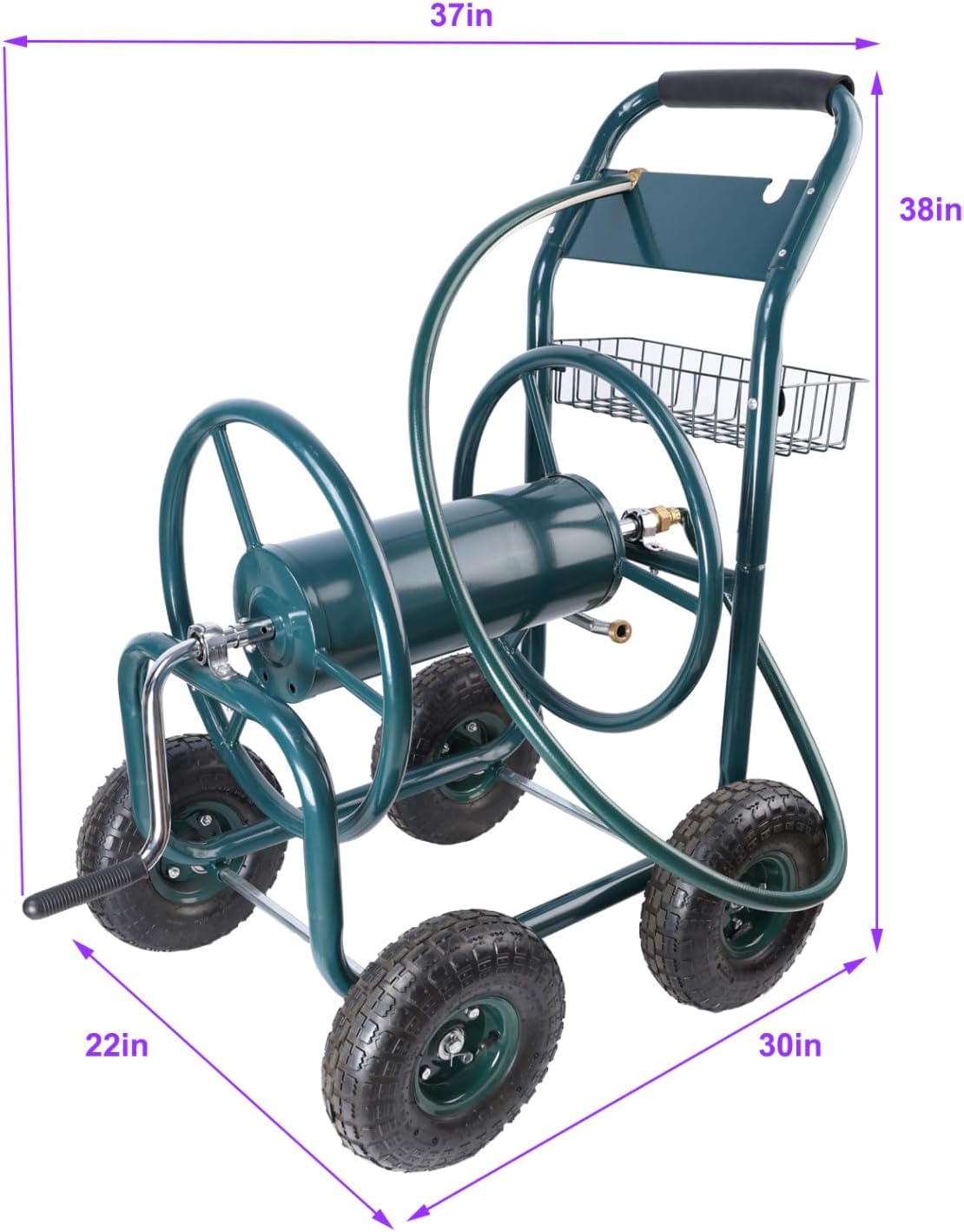 Garden Hose Reel Cart - 4 Wheels Portable Water Hose Holder With Storage Basket, Heavy Duty