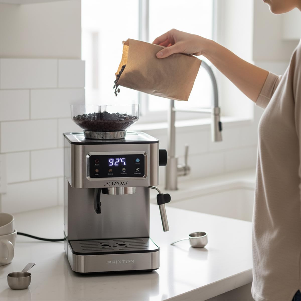 Prixton Caffettiera Espresso Napoli con Macinino Integrato 22 Livelli, 20 Bar, 1350W, Filtro a Doppia Uscita, Vaporizzatore regolabile, Compatibile con Caffè a Grana, Macinato e Capsule