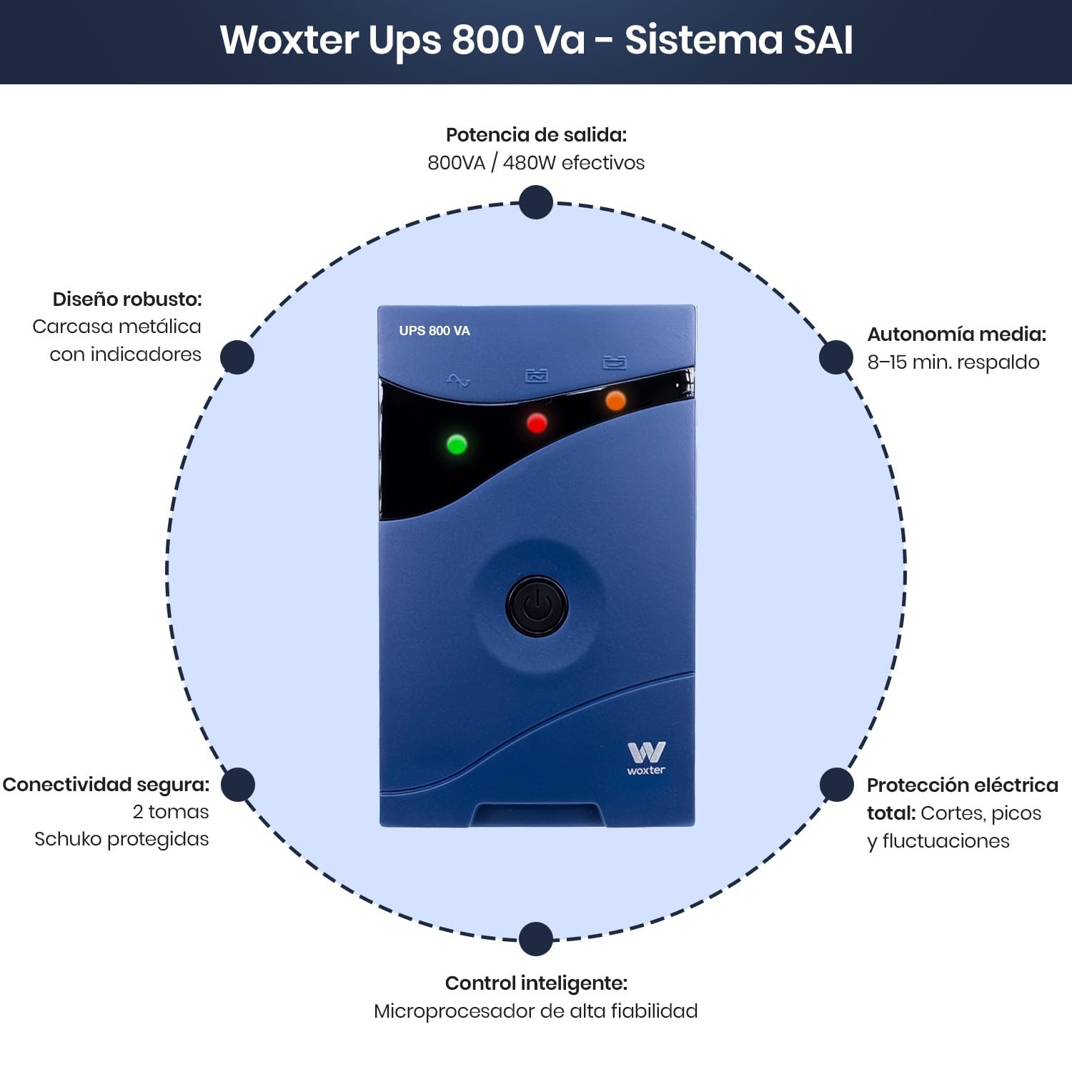 Woxter UPS 800 VA Zasilanie bez przerw - Zasilanie nieprzerwane (800 VA, 480 W, 12 V, 7 A, 8 min, 15 minut)
