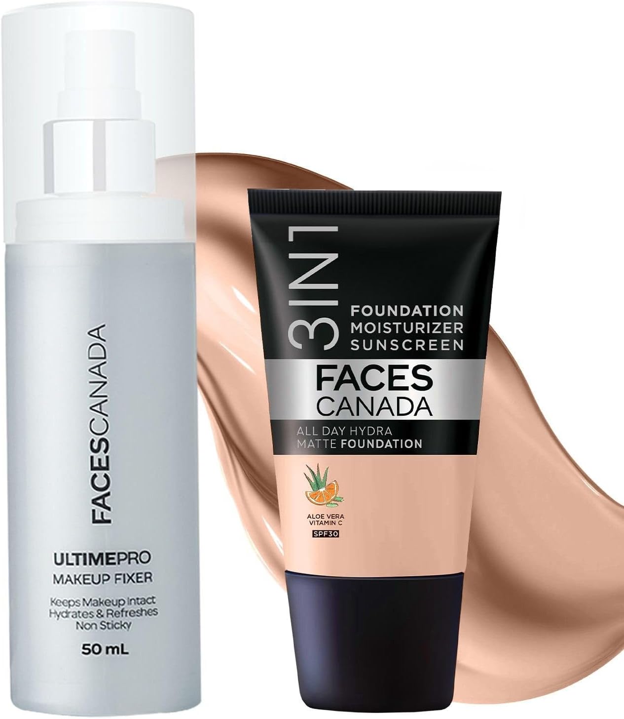 FACESCANADA Waterproof Fix & Finish Kit | Makeup Fixer (50Ml) + Caramel Natural All Day Hydra Matte Mini Foundation (18Ml) | Makeup Kit For Women (Combo Pack Of 2 Count)