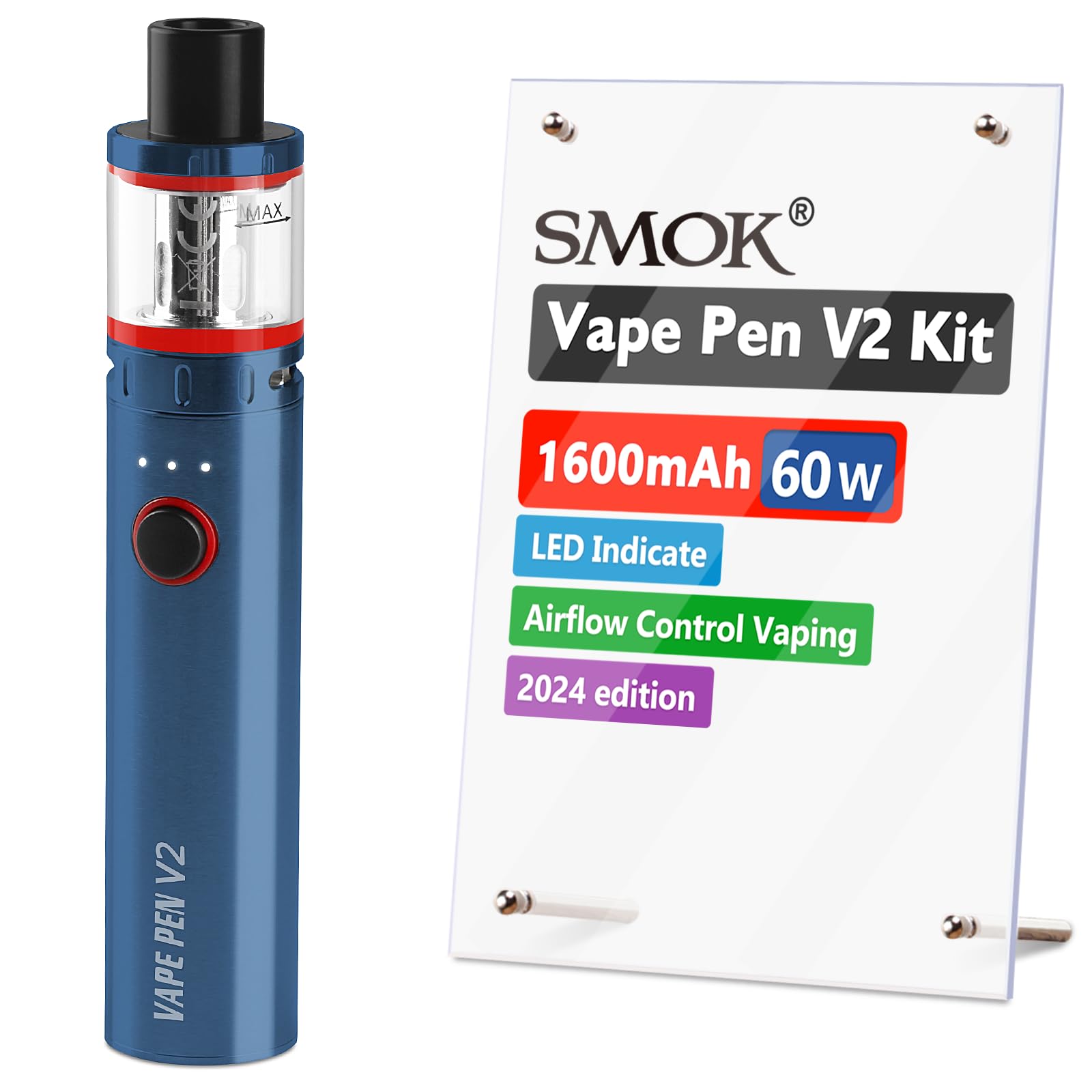 SMOKVape Pen V2 E Cigarette Starter Vape Kit, 60W 1600mAh, TPD Compliant Ecig, 2ml No Nicotine, Blue