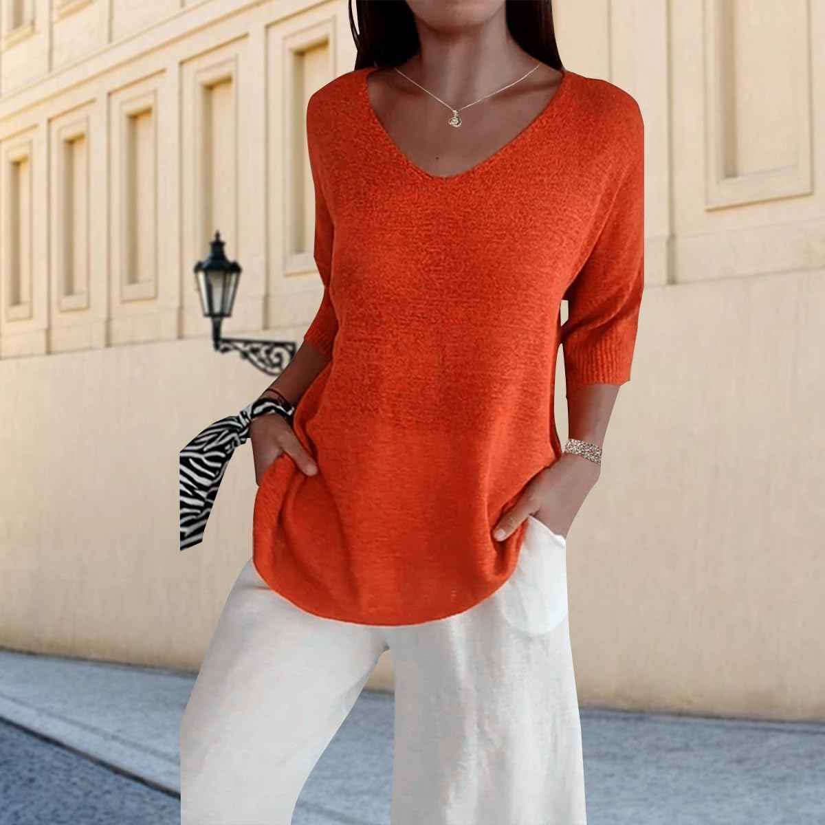 Womens Vintage Sweater 3/4 Sleeve V Neck Solid Tunic Tops Loose Fit Lounge Casual Basic Tops Lightweight Sweaters