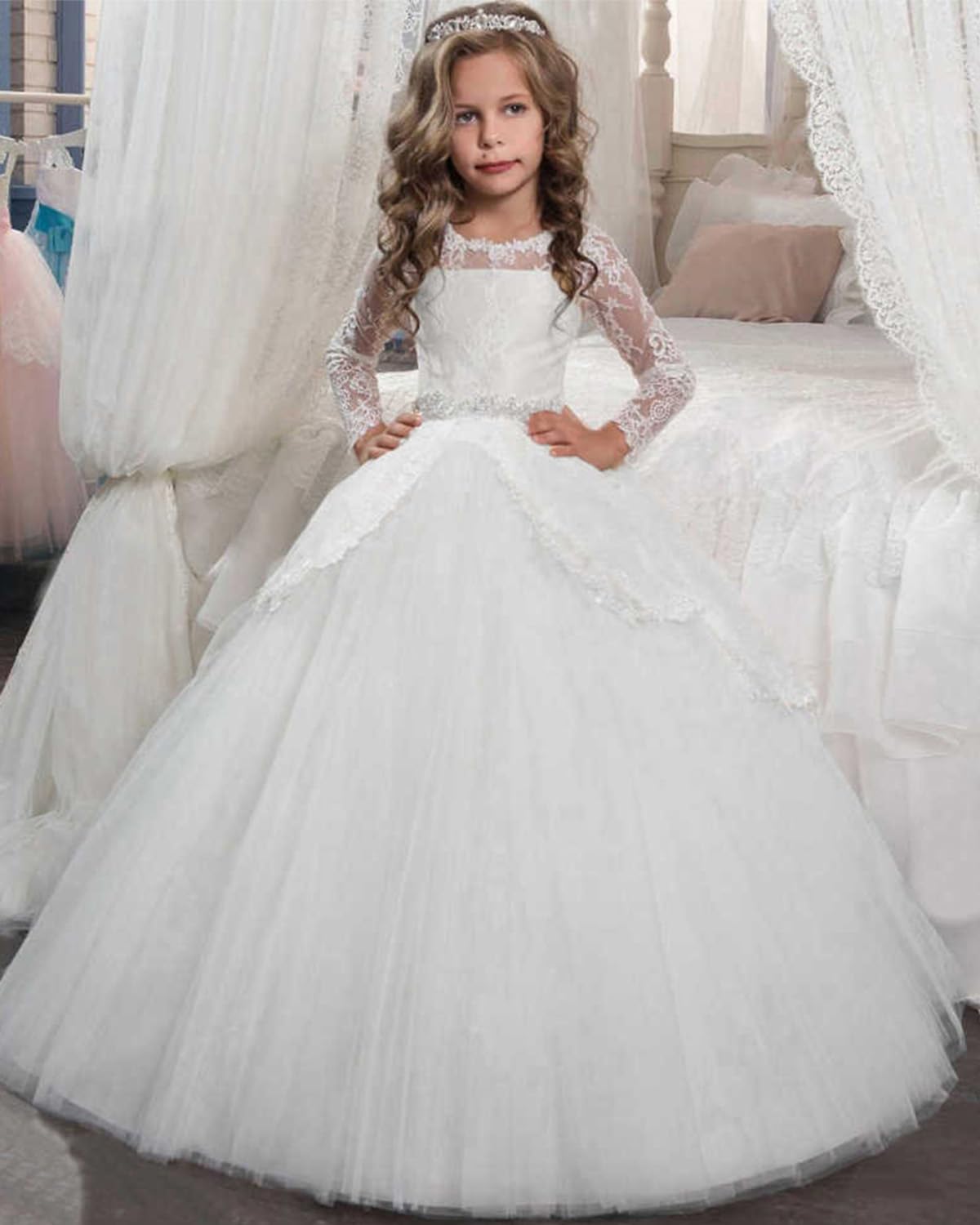 Aibaowedding Prinzessin Lange Mädchen Blumenmädchenkleider Prom Ballkleid | Mädchen Puffy Langes Tüll Hochzeitskleid Ballkleid Kinder Festkleid Kommunionkleid Hochzeit Geburtstag Brautjungfernkleid