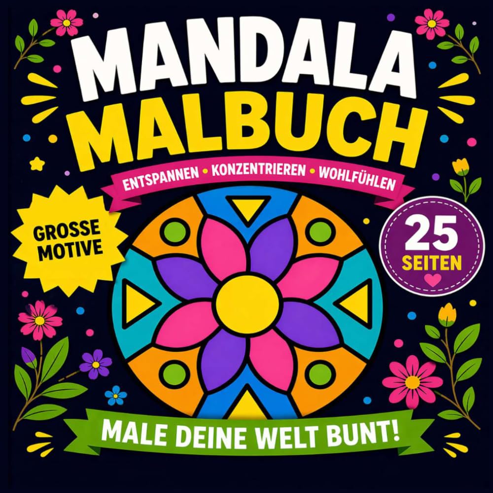 Großdruck Mandala Malbuch: 25 Einfach Mandalas zur Entspannung und zum Stressabbau || Einseitige Illustrationen zum Ausmalen für Erwachsene und Senioren | Großformat, 8.5 x 8.5 Zoll