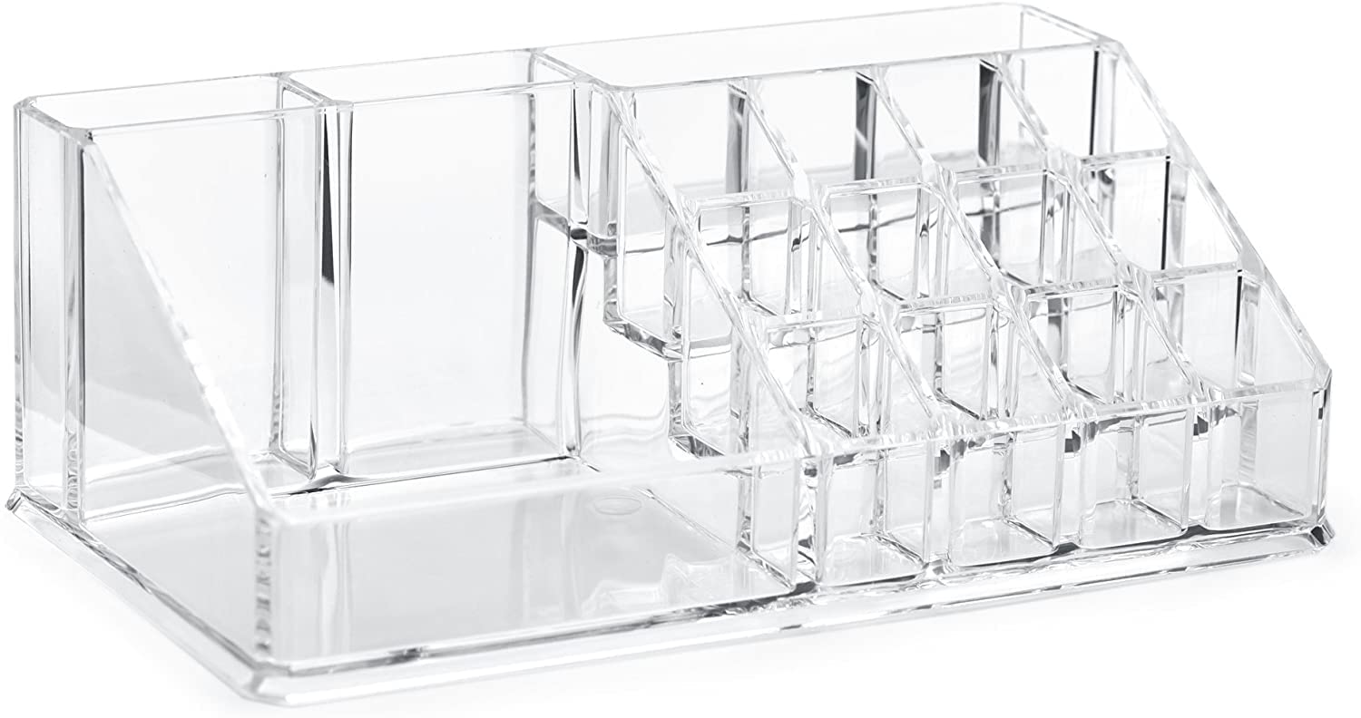 Clear Acrylic Cosmetic Make-Up Organiser for Lipsticks Nail Polish Glitter Holder with 16 Storage Compartments