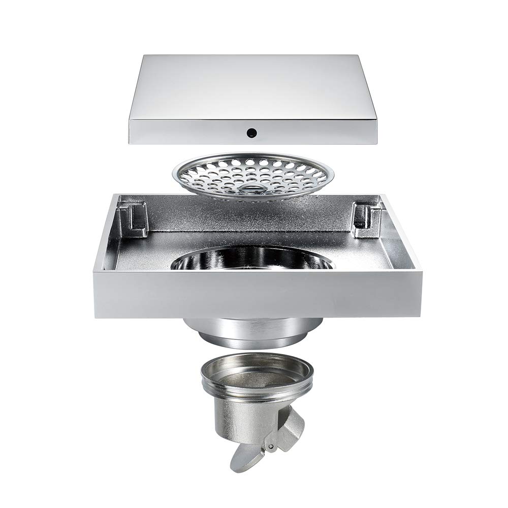 Drenaje de Ducha, Desague Ducha Drenaje de Piso Cuadrado 12x12cm Cromado latón Inodoro Moderno baño Ducha colador Pelo Cocina Anti Olor desagües