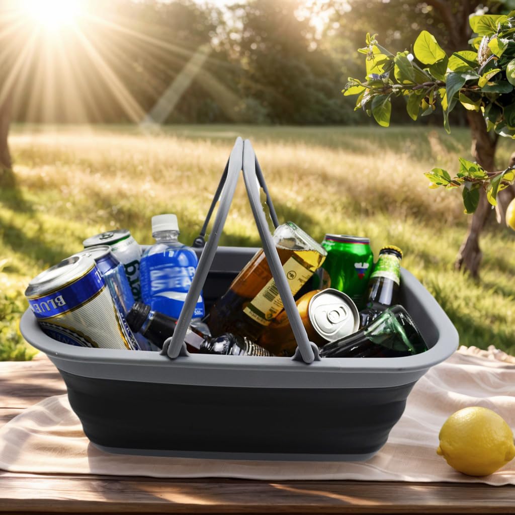 SAMMART Bañera plegable de 9.2 L con asa, cesta portátil de picnic al aire libre, bolsa de compras plegable, contenedor de almacenamiento para ahorrar espacio (negro y azul, 2)