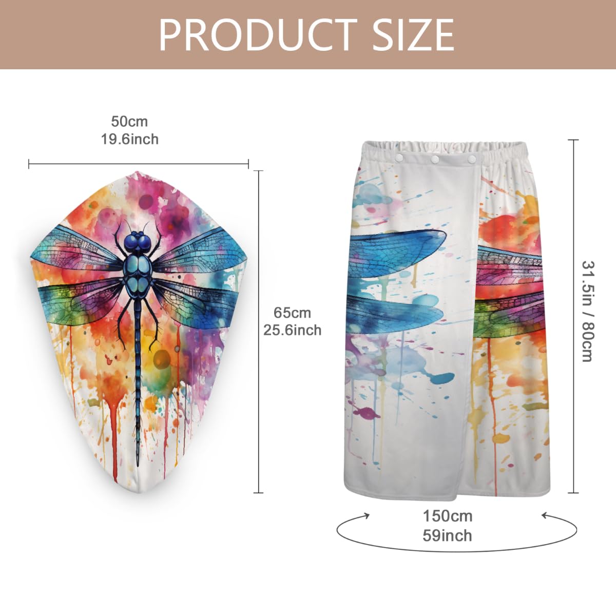 Mikrofaser-Duschtuch für Damen, mit Haar-Handtuch, Aquarell-Libelle, Tierdruck, weiche Körperwickel, Kleid mit Haartrocknungskappe für Strand, Pool, Spa, 2 Sets