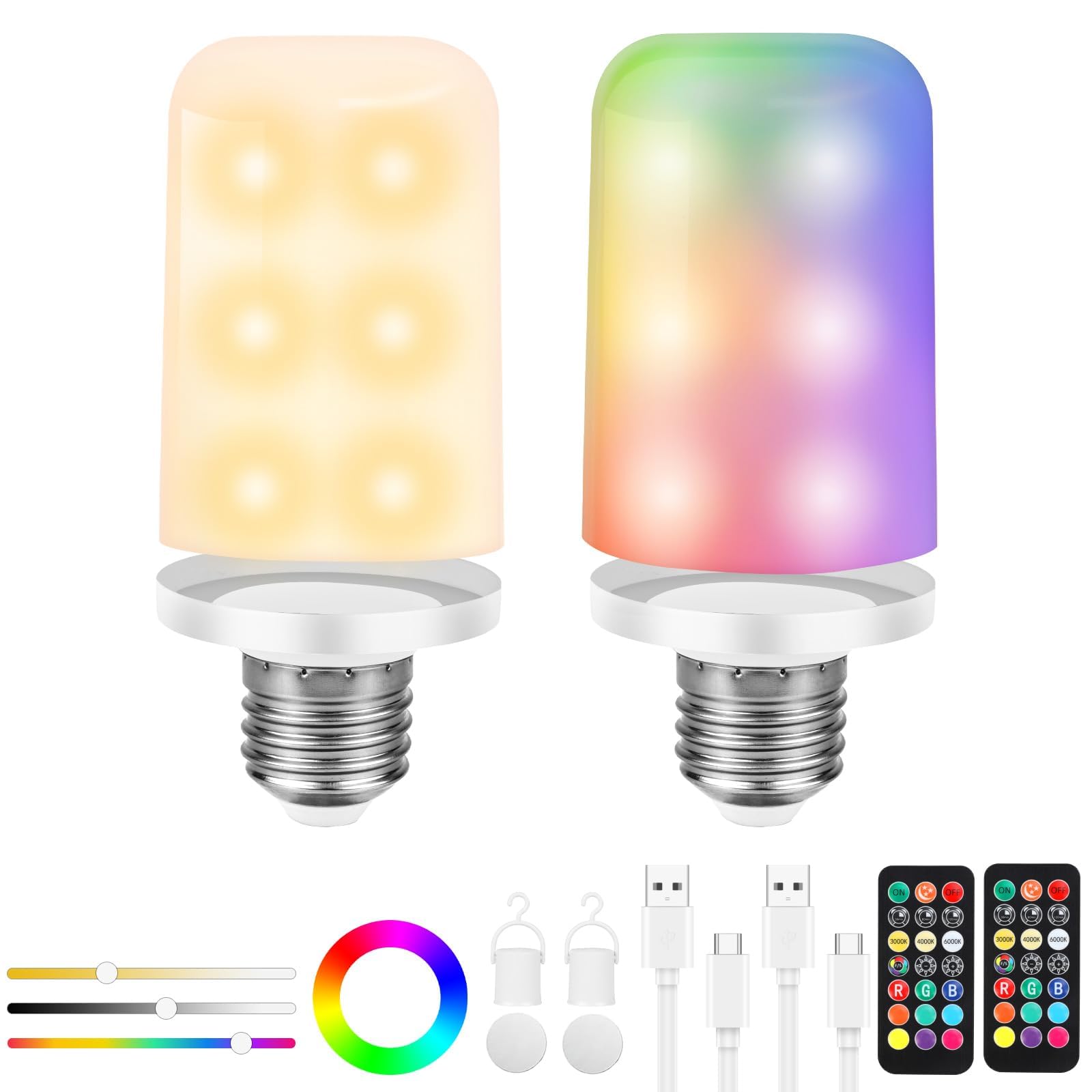 Birnetek USB-C Rechargeable Bulb, E27 LED Bulb Adjustable with Remote Control, Detachable Smart Bulb with Timer, Emergency Light with Magnet, Portable Wireless Bulb, 2pcs