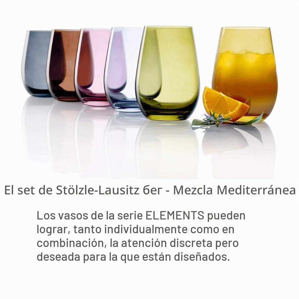 Stölzle Lausitz Vasos de Agua Elements Mix Mediterráneo – Set de 6 Vasos de Cristal de 465ml – Vasos Coloridos para Agua, Zumo y Cócteles – Aptos para Lavavajillas y Resistentes a Golpes