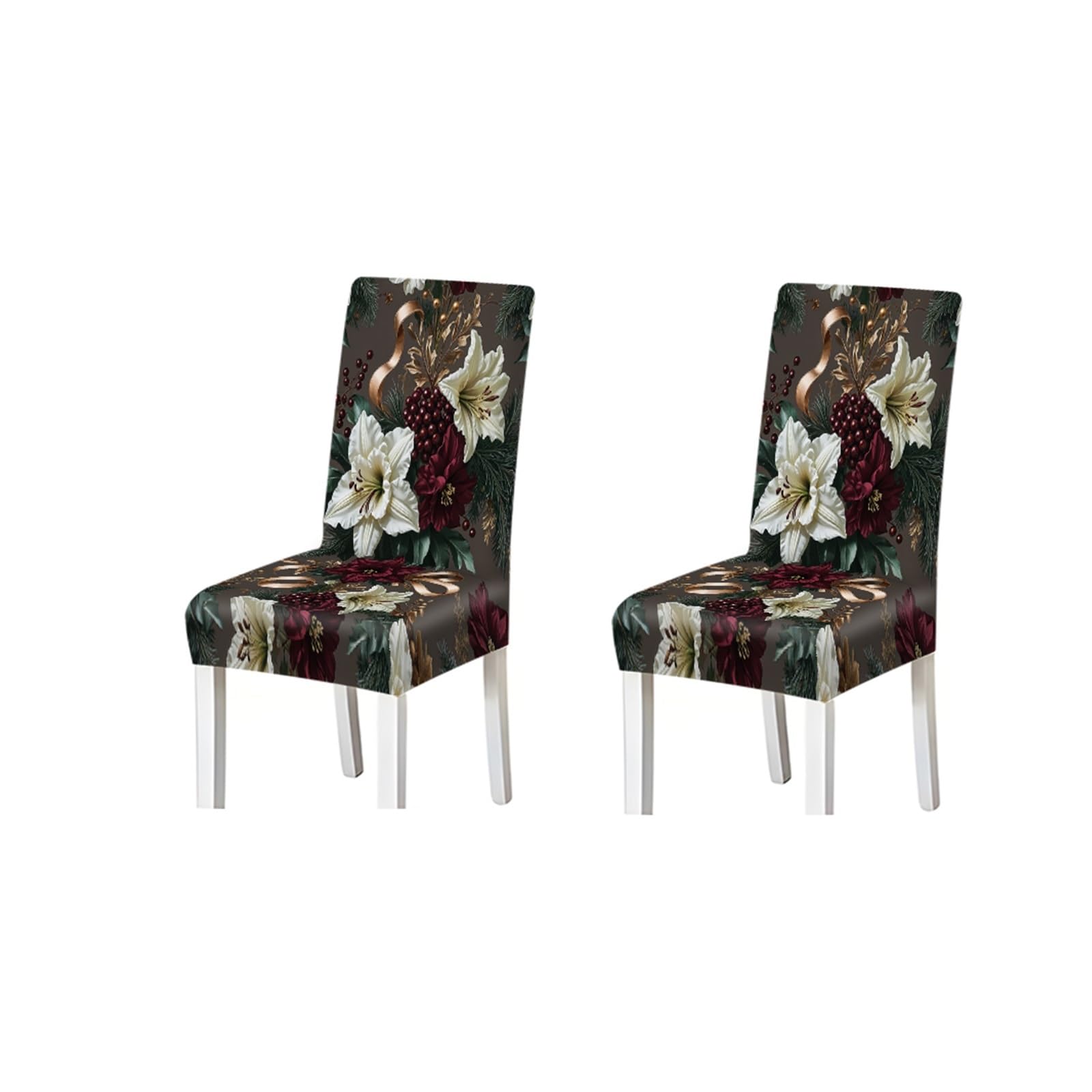 BOSUYBN Luxury Christmas Poinsettia Lily Berry Print Stretch Dining Chair Covers, For Home Kitchen Dining Room Party, 2/4/6 PCS Furniture Protectors for Home Dining Room(2PCS Chair cover)