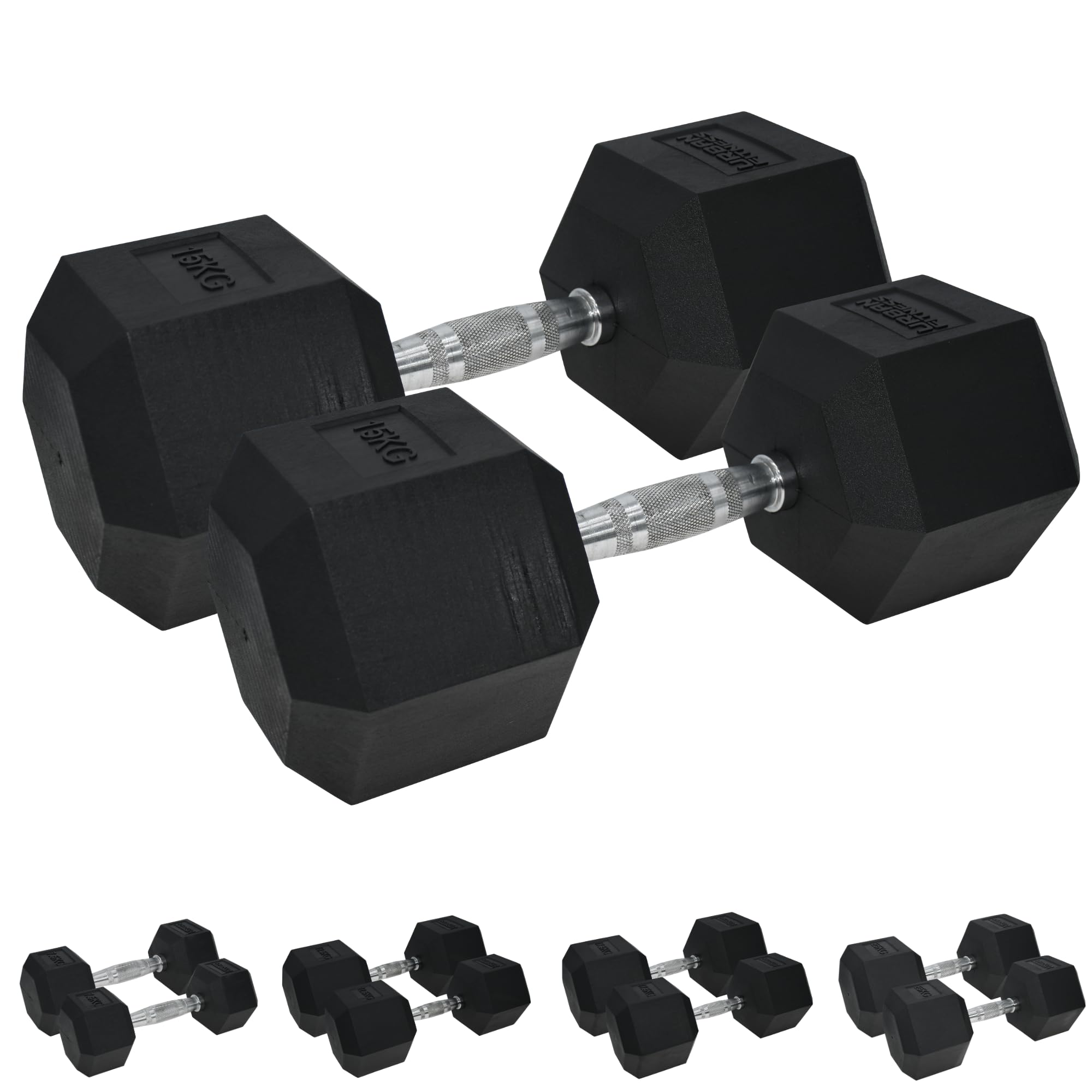 Urban Fitness Pro Hex Dumbbells - Rubber Coated, Anti-Roll Weights, Non-Slip Grip - Home Gym Equipment for Men and Women - Pair, Black 15 kg