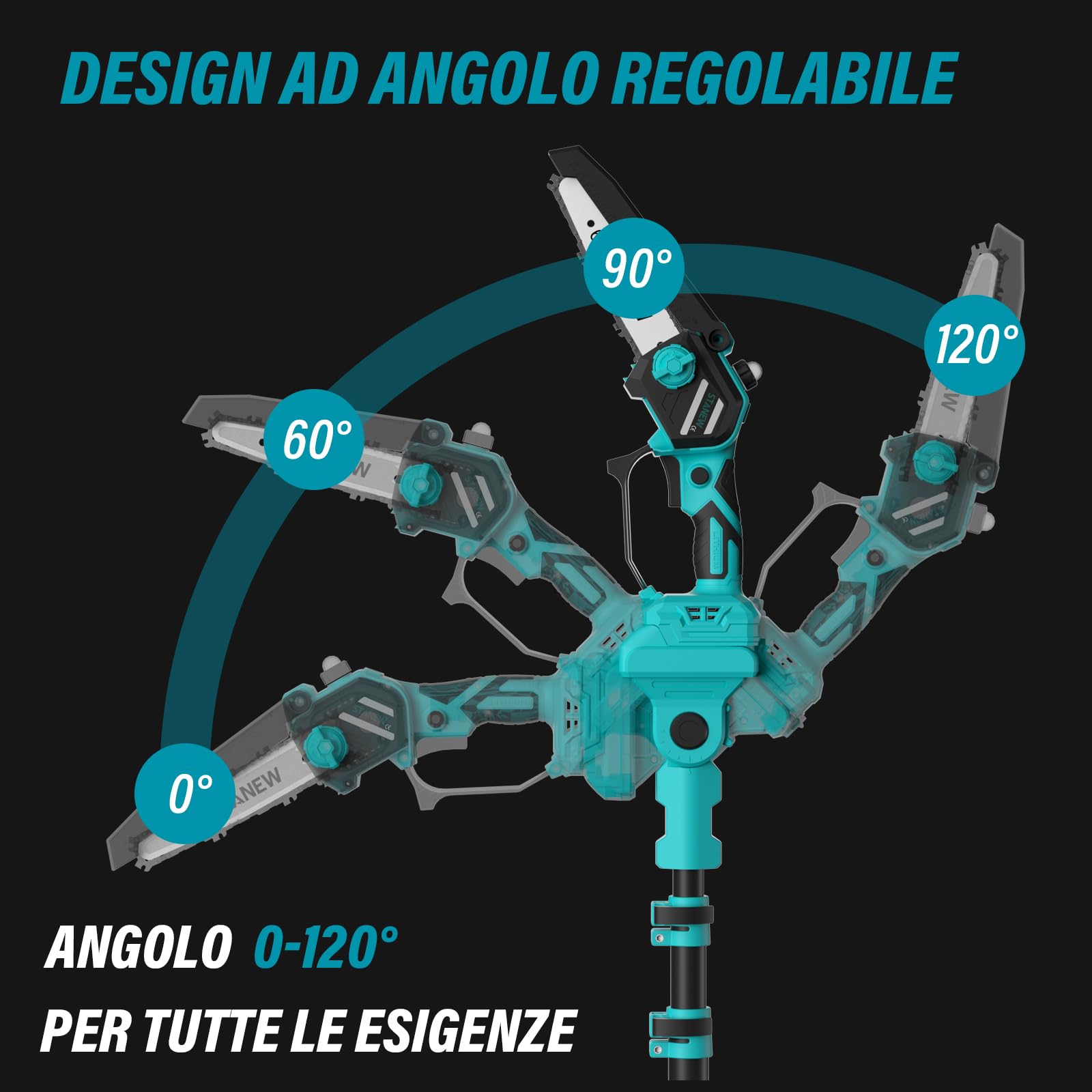 STANEW Motosega telescopica senza fili,da 6 pollici,2 in 1 | Due batterie 4000 mAh,estensione max 4,6 m,lama rotante e lubrificazione automatica.