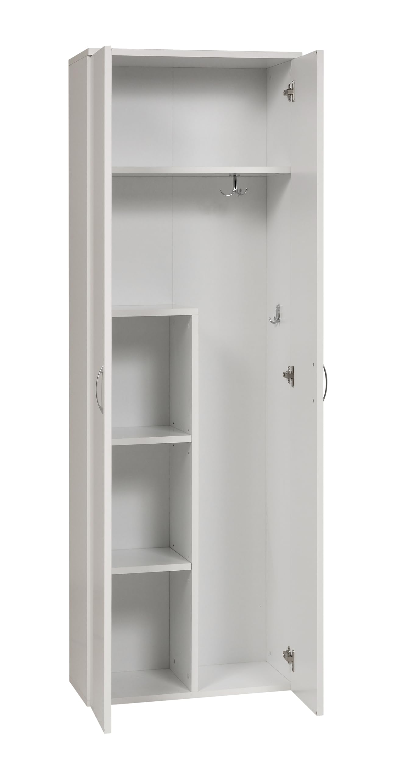 furni24 Holz Putzmittelschrank - Wäscheschrank mit Türen, Kleiderschrank, Garderobenschrank, Mehrzweckschrank, Schrank & Putzschrank, 2 Tür Mit Haken und 3 Regale, weiß, 60x34x180cm