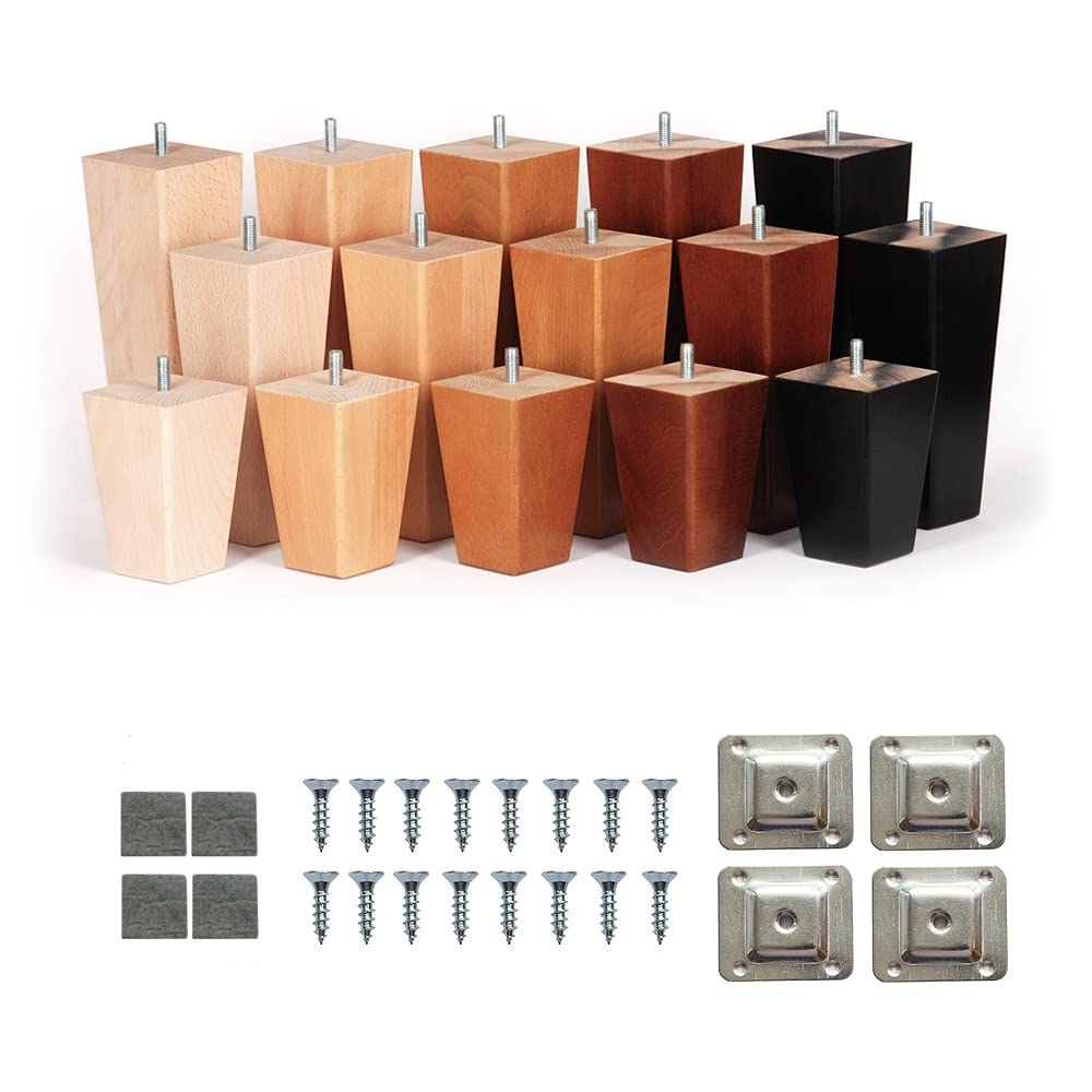 4''- 8'' Wooden Trapeze Tapered Furniture Replacement Legs M8 Thread Level Mounting Plates Protective Felt Pads Set Of 4 Legs For Sofa Cabinet Footstool Chair Bed Ottoman [HOTEL] (6'' = 16 CM, Walnut)