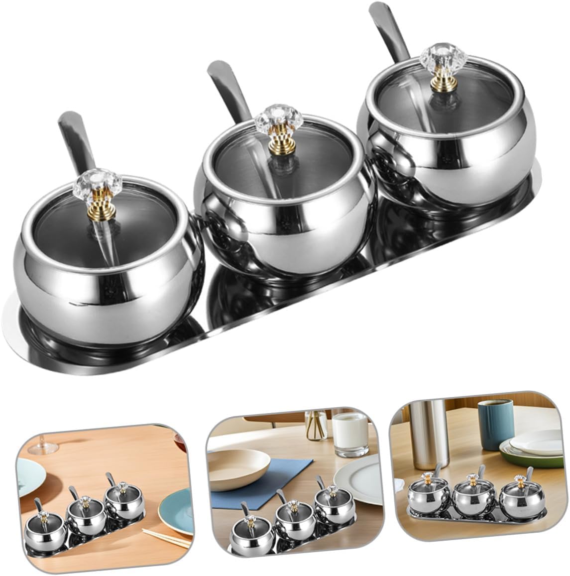 Homoyoyo Stainless Steel Sugar Bowl Set with Lid and Spoon, Metal Seasoning Storage Organizer with Tray for Salt Pepper Coffee, Kitchen Condiment Container for Home Cooking