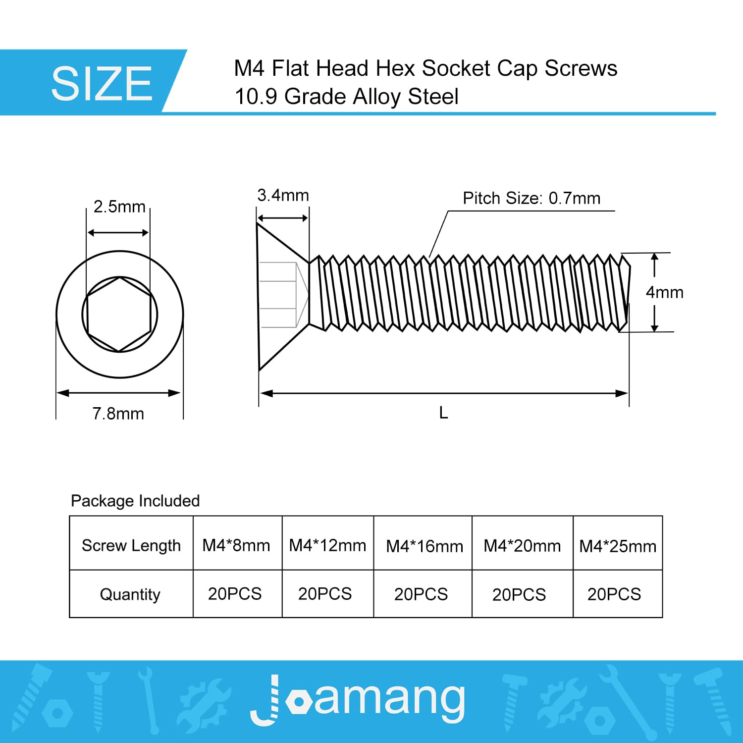 M4 x 8mm 12mm 16mm 20mm 25mm Flat Head Hex Socket Cap Screws Countersunk Bolts, 10.9 Grade Alloy Steel, Black Oxide Finish, Metric Allen Hex Drive, Fully Threaded, Assortment Kit 100Pcs