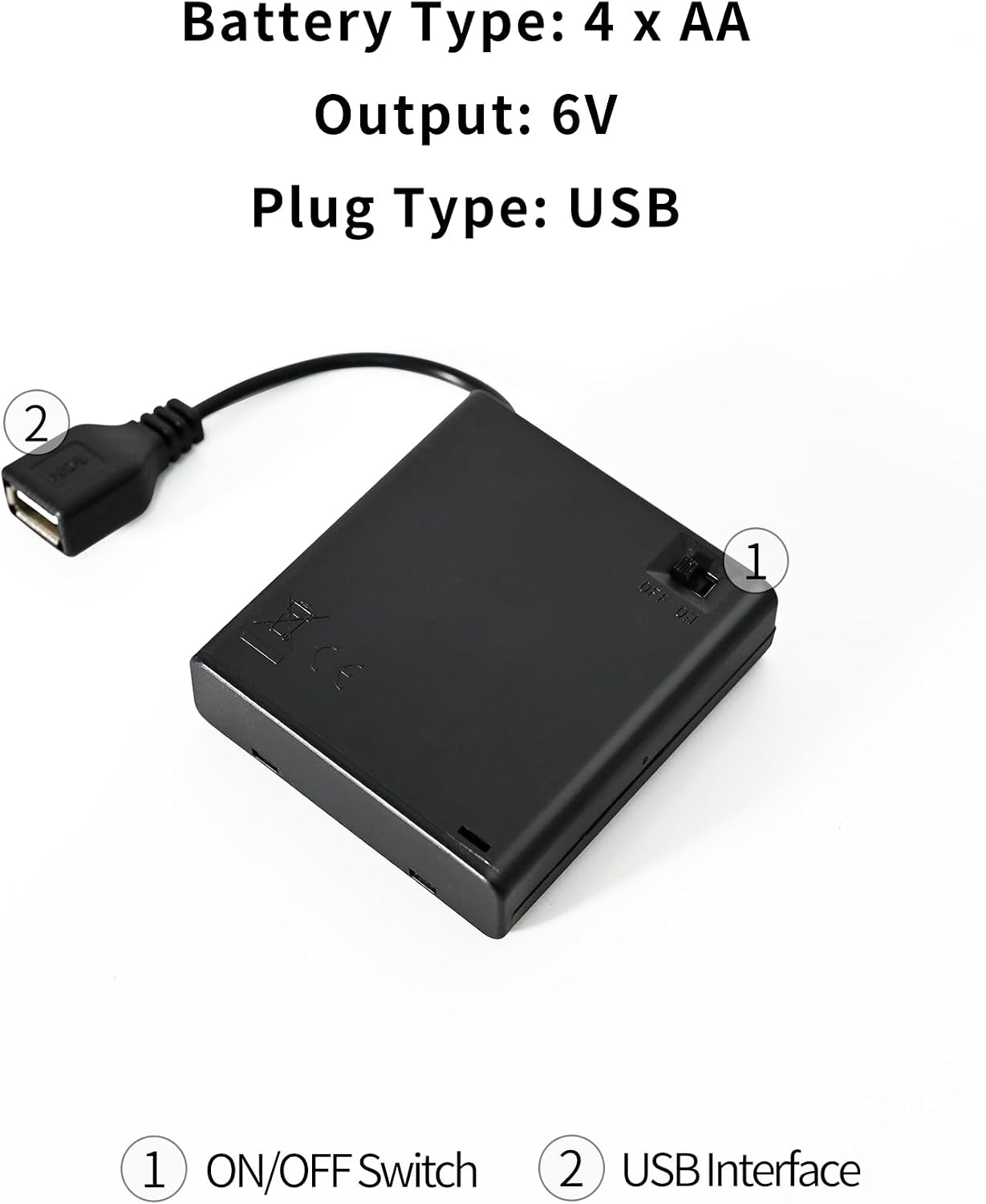 USB Battery Pack for LED Lights - 4 AA Portable Power Supply for Neon Signs and Wedding Decor - High-Efficiency Battery Powered USB Power Supply with Switch (4 Pack, Black)