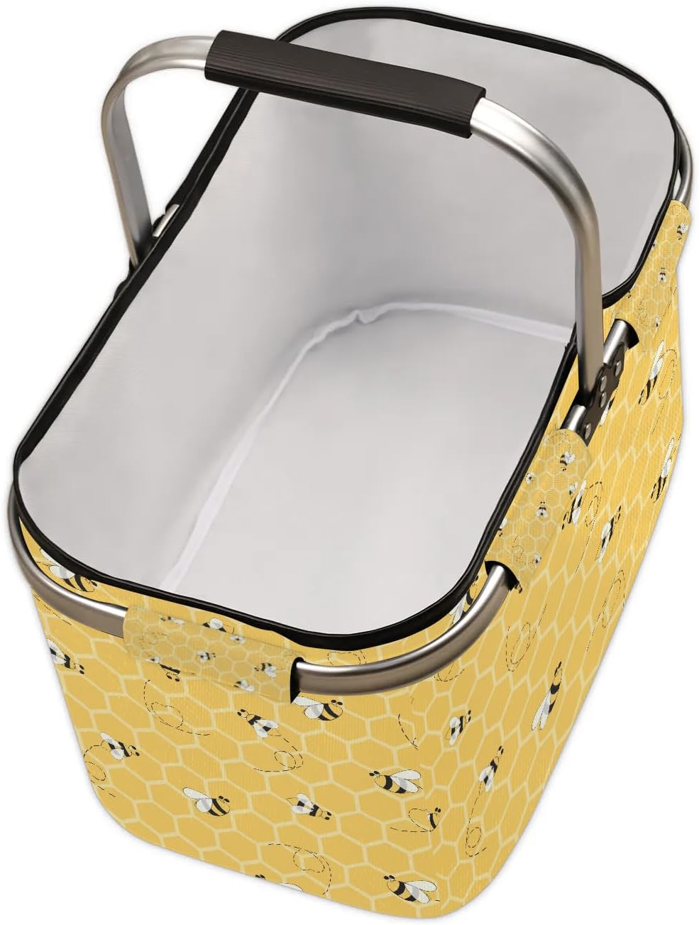 Collapsible Picnic Basket with Handle Bee Theme Heavy Duty Portable Shopping Market Tote with Aluminum Frame for Travel Camping Beach