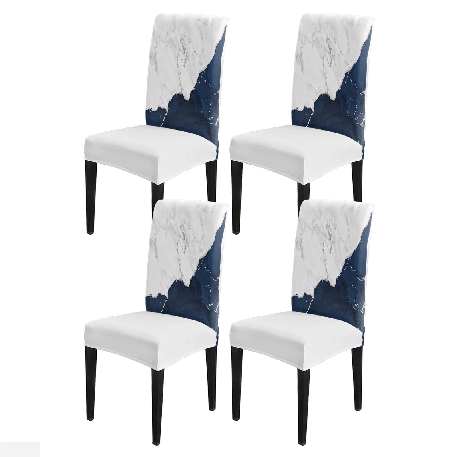 Marble Navy Blue Dining Chair Cover Set of 4,Stretch Chair Protectors Slipcover,Spandex Kitchen Chair Seat Back Cushion Slip Cover for Dining Room Party,Hotel Aesthetic White Gray Modern Silver
