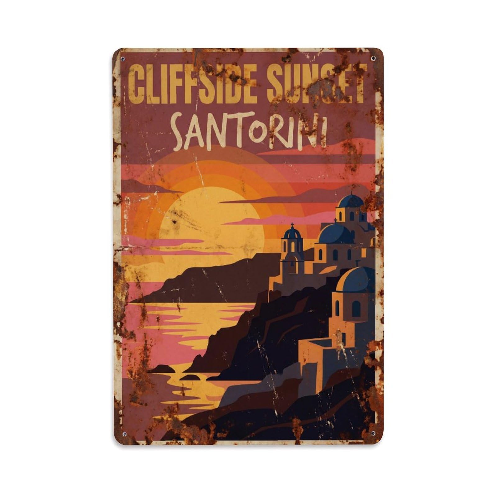 Gead 8X12inch Style Vintage Travel Santorini Cliffside Sunset Metal Tin Sign