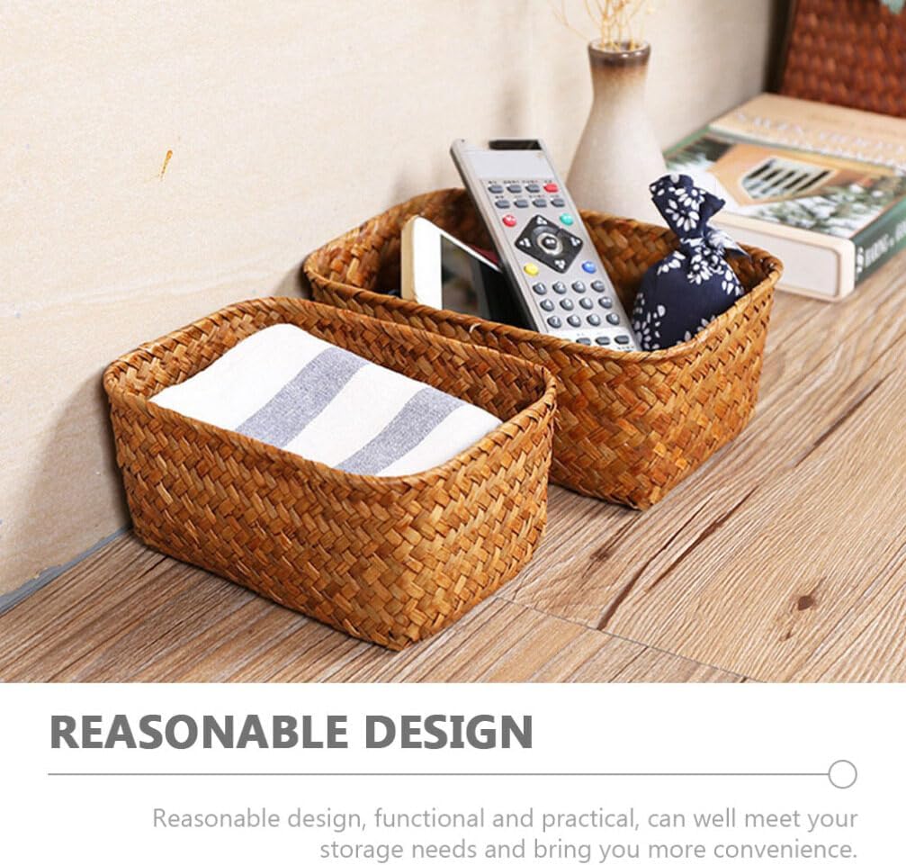 Home Decor Seagrass Storage Baskets Rectangular Wicker Storage Basket Snack Storage Bins Woven Basket Bins Rattan Storage Organizer for Shelf Storage Bins image 5