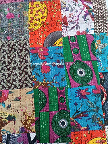 Cobija reversible con estampado de retazos florales para cama Queen/Twin/King, colcha india Kantha con costuras étnicas, colcha bohemia floral Kantha (90 x 108 pulgadas)