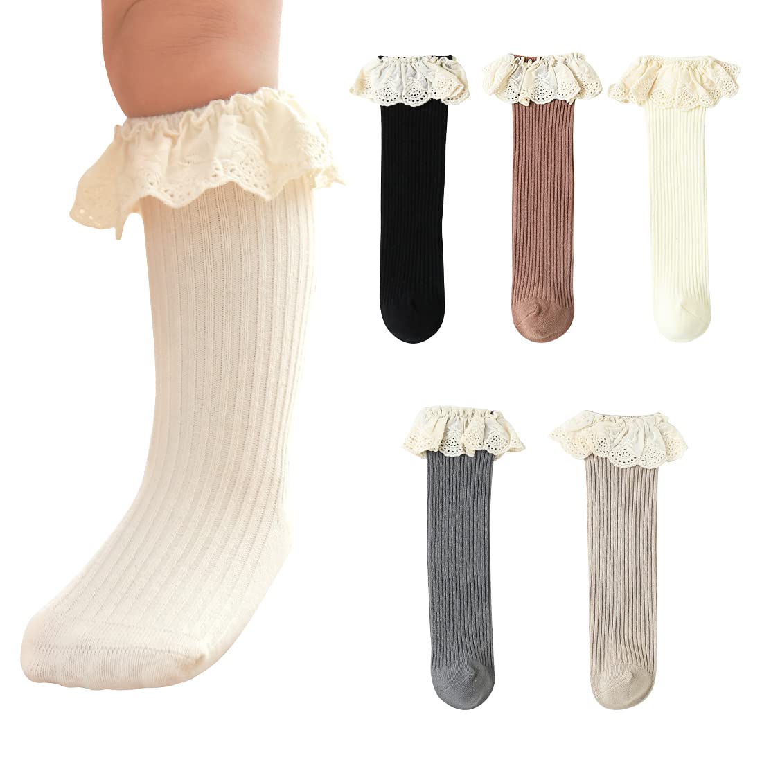 HOUSEYUAN Calcetines largos con volantes para bebés y niñas, hasta la rodilla, para recién nacidos, con encaje, con volantes, para niñas de 6 a 12 meses