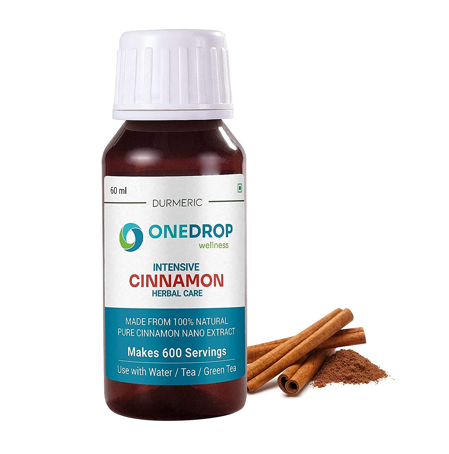 Durmeric OneDrop Wellness Intensive Cinnamon Herbal Care Drops - 60Ml | (Dalchini Essence) For Tea, Beverages | Weight Loss | Natural Pure Nano Extract | Makes 600 Servings (Pack of 1)
