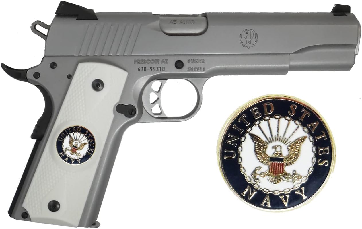 Garrison Grip Right-Handed Colt 1911 A1 Full Size or Commander and Clones (Grips Only) with US Navy Colored Medallion Set in Double Diamond White Ivory Colored ABS.
