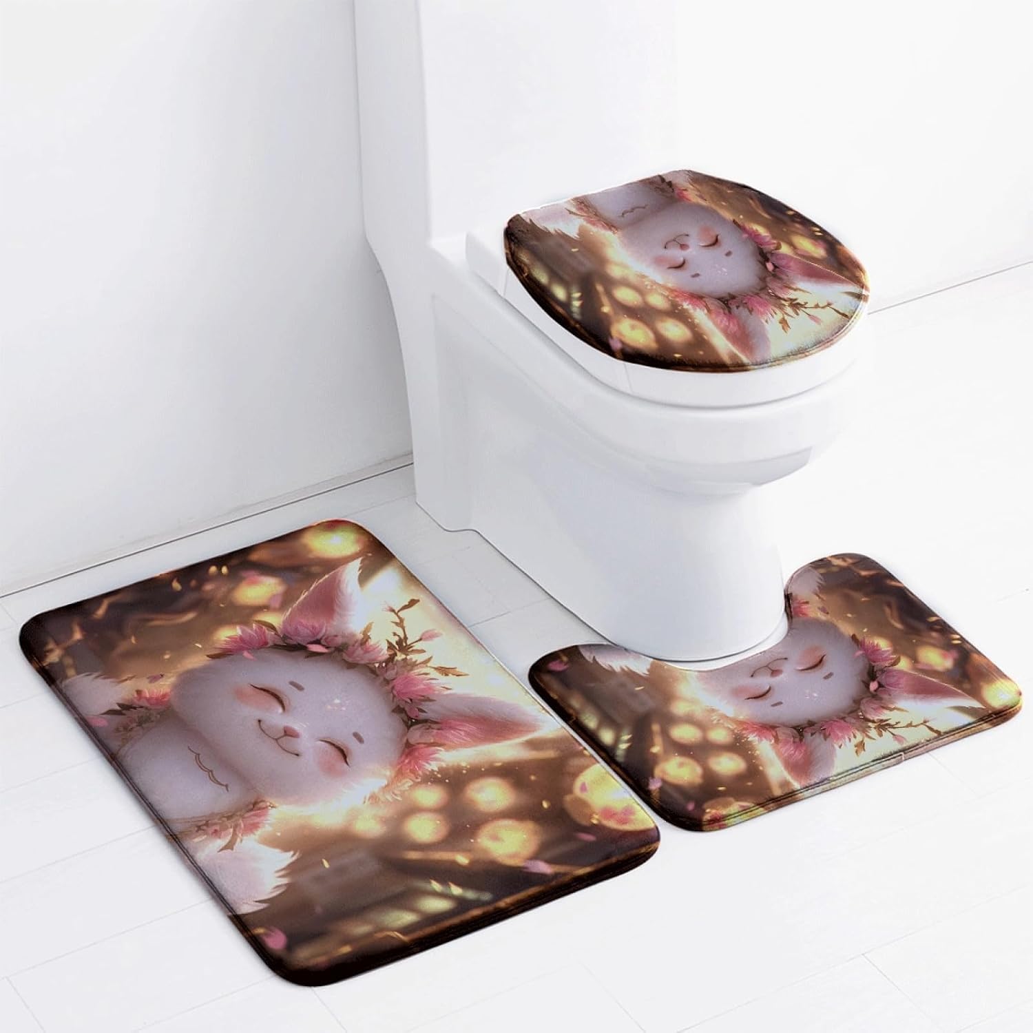 Set di tappetini da Bagno 3 Pezzi Rosa Coniglio Carino Antiscivolo per Bagno Tappeto Lavabile in Memory Foam Tappeto copriwater tappetini a Forma di U 45x75 cm
