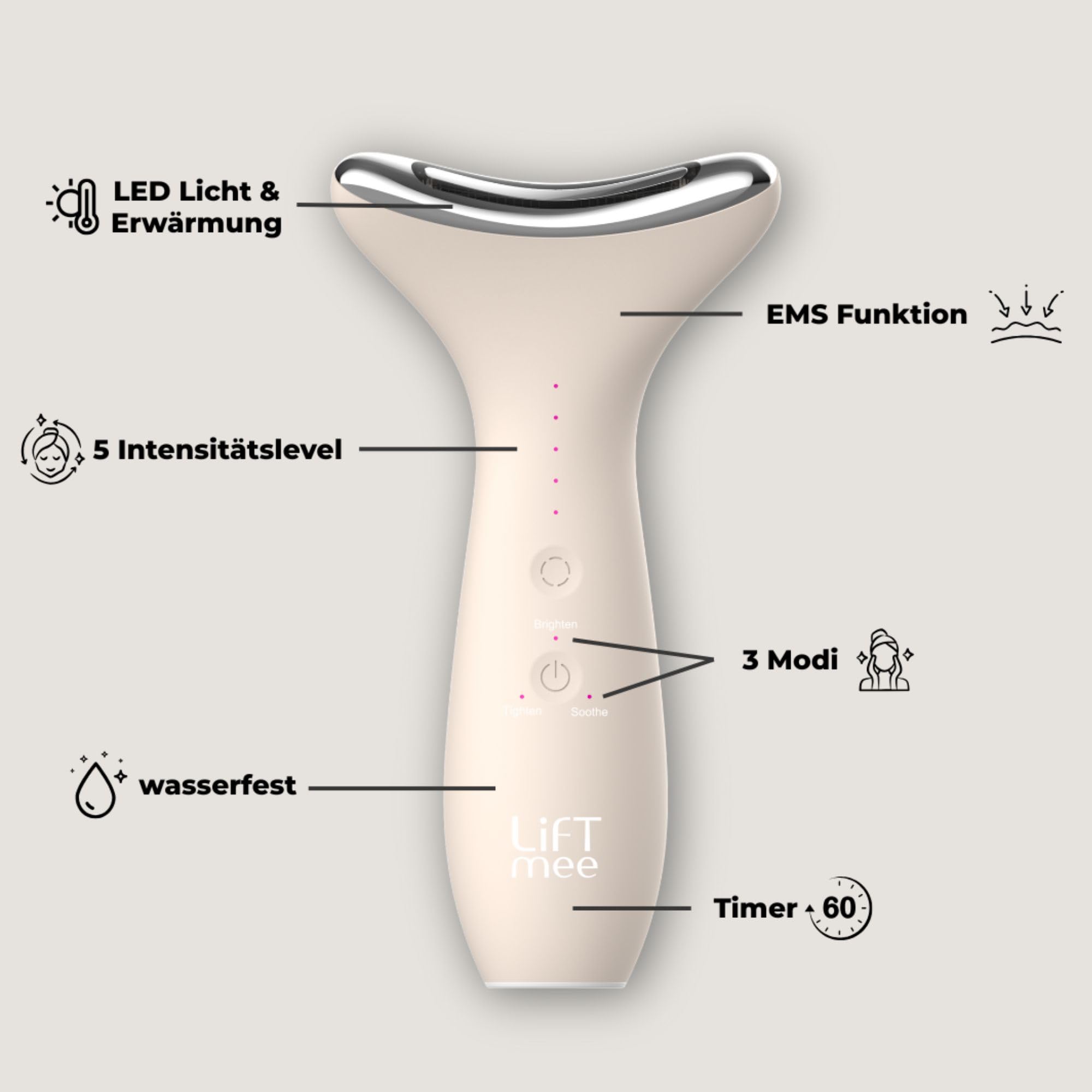Dermaglow 3in1, Gesichts- und Körpermassagegerät mit 3 Pflegeprogrammen und 5 EMS-Intensitätsstufen, LED Lichtbehandlung Blau, Grün & Rotlicht zur Straffung, Aufhellung & Beruhigung der Haut