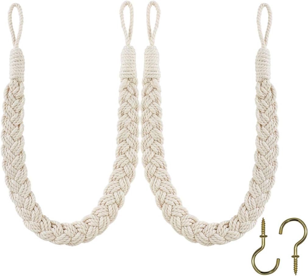 Home Queen Hand Braided Curtain Tie Back, Buckle Holdback Drapery Curtain Tiebacks, 2 Rope Cotton Belt Curtain Tie with 2 Metal Hooks, Off White