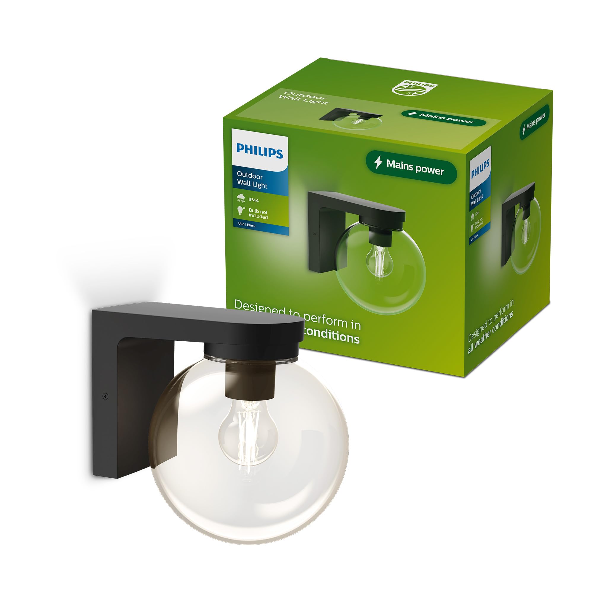Philips Ulio Outdoor Wall Light + E27 LED Bulb, Warm White Light, IP44 Weather-Resistant, Durable, Aluminum and Glass, Modern Design, Black