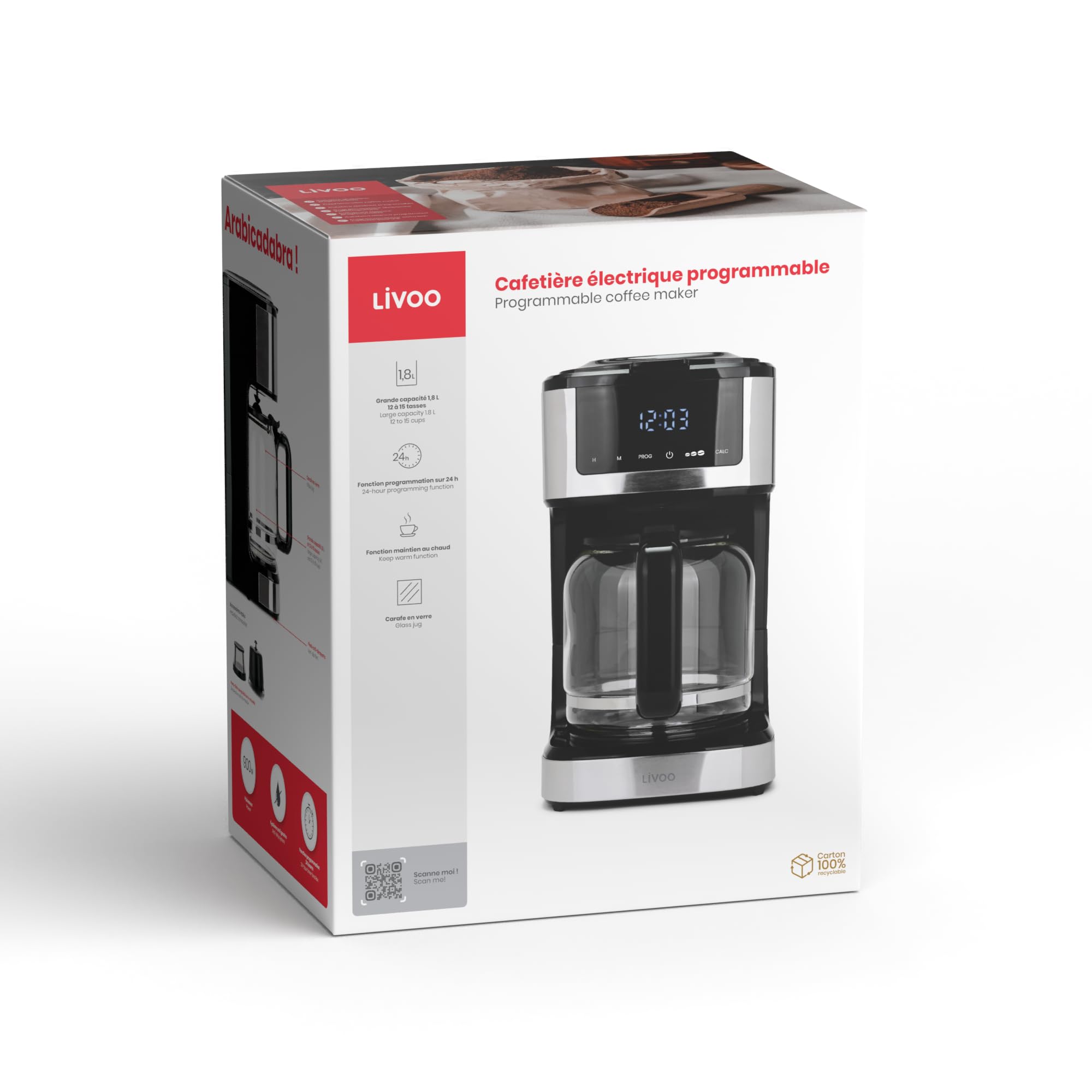 Livoo - Cafetera eléctrica programable DOD208-15 tazas, 1,8L, filtro reutilizable, función programación, mantenimiento caliente, vidrio