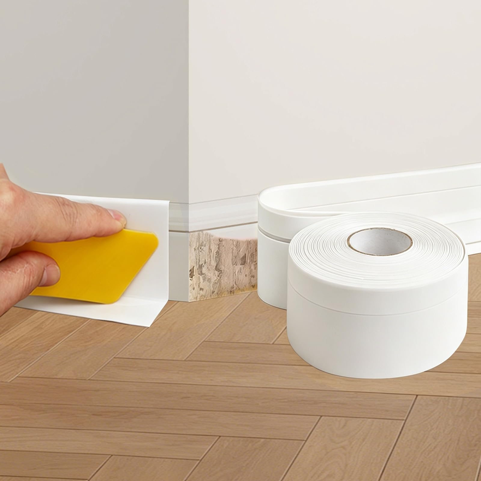 Hexizexi 8m Flexible Skirting Board Trim White Self Adhesive Skirting Board 50 x 20mm Skirting Board Covers PVC Baseboard Wall Molding Trim with Scraper for bathrooms Kitchens Walls and Floors