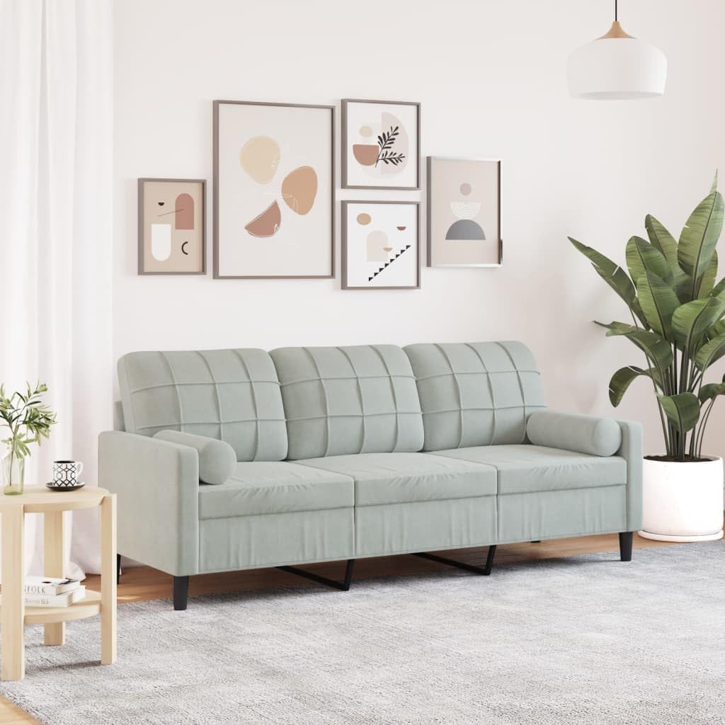 3-Sitzer-Sofa Hellgrau mit Zierkissen, Samt Couch 180 cm, Robustes Metallgestell, gepolstert, abnehmbare Bezüge, modernes Wohnzimmermöbel für gemütliche Entspannung und Gästezimmer
