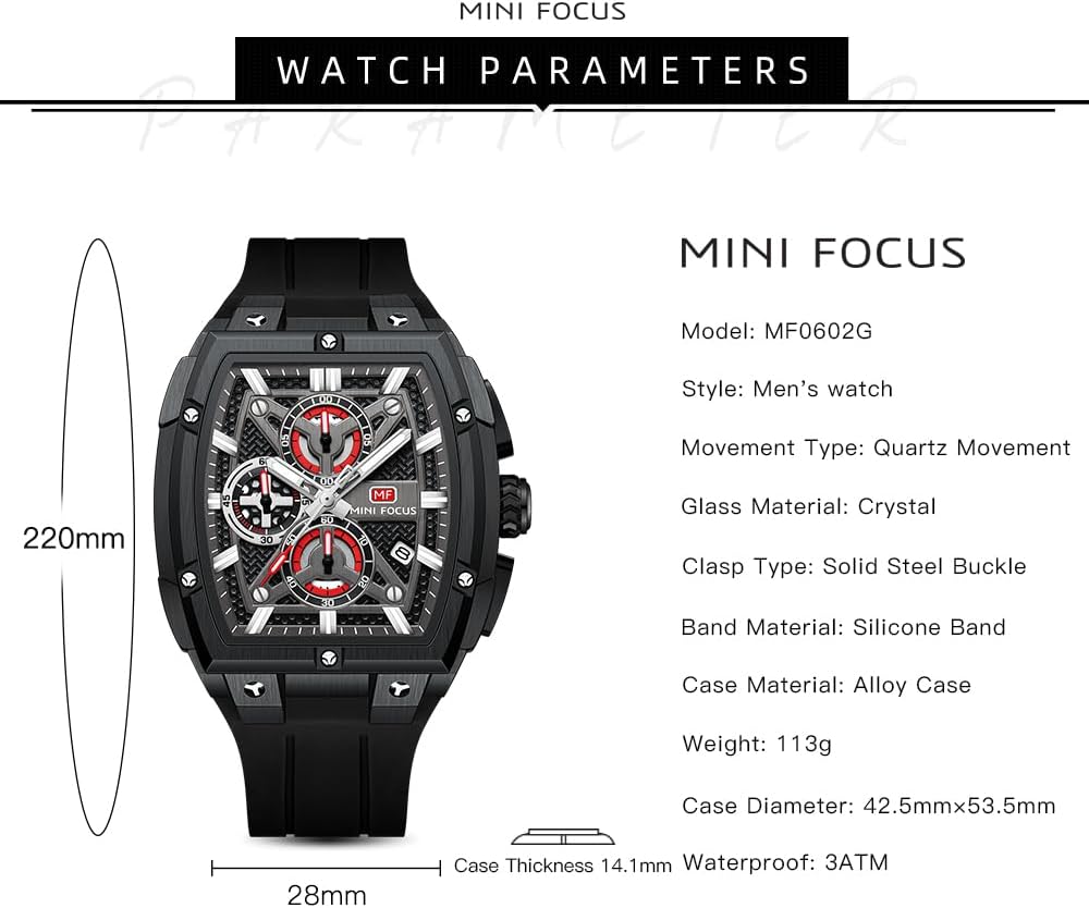 MF MINI FOCUS Men's Watch Analog Fashion Wrist Watch, Skeleton Tonneau Watch for Men with Chronograph,Ideal for Sports Enthusiasts and Daily Wear - Image 6