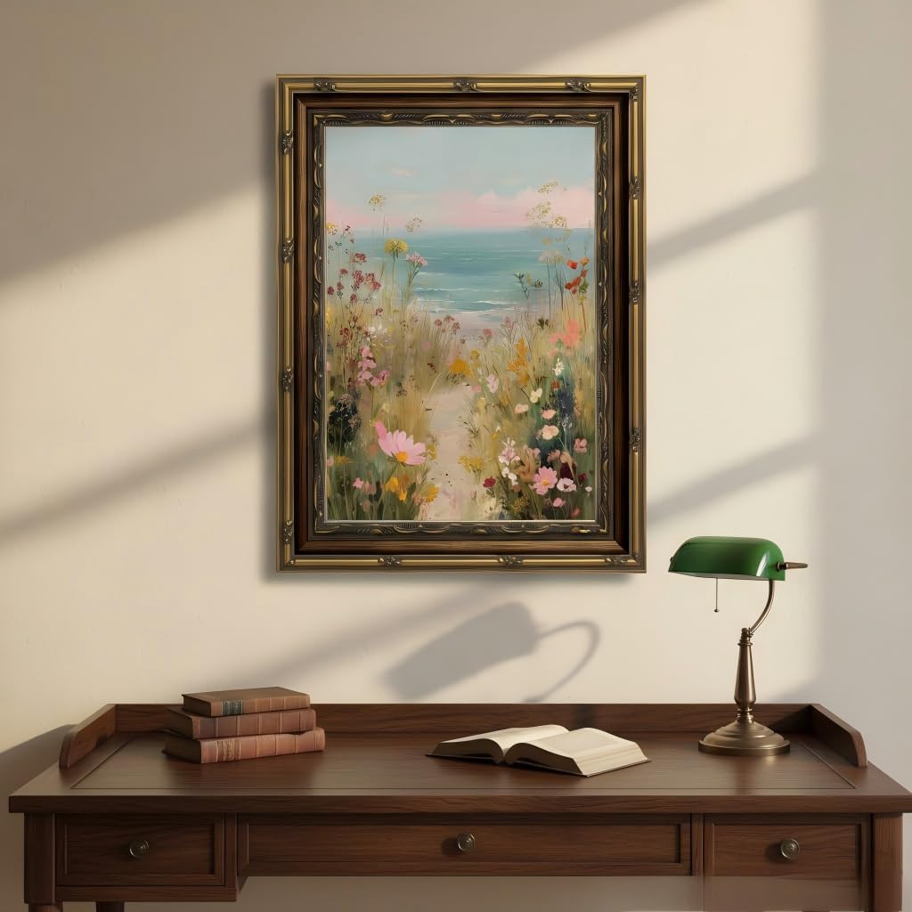 Gold Framed Canvas Wall Art,Pastel Coastal Wildflower Path Landscape Painting, Beachside Picture Poster Prints Artwork for Living Room Bedroom Wall Decor 16x24Inch