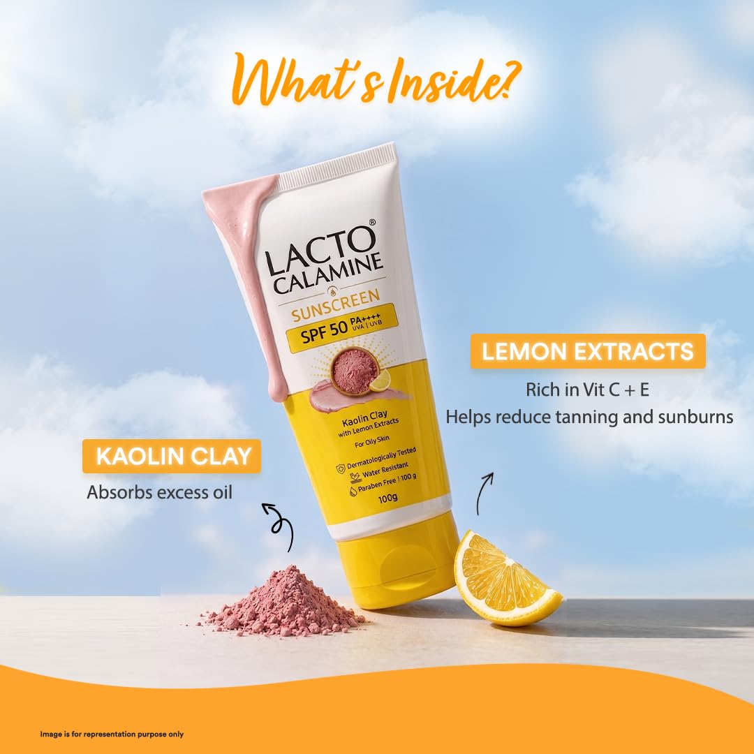 Lacto Calamine Light Weight Sunscreen SPF50 | PA++++ | No White Cast | Broad Spectrum Protect |Non-Sticky | For all skin types, Water Resistant, With Kaolin Clay & Lemon Extract, For Face & Body | 100g 3