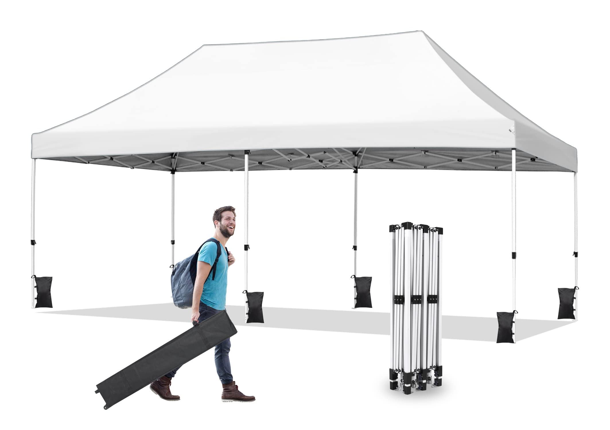 Nianles 10x20 Pop Up Canopy Tent, Ez Pop Up Outdoor Canopy Instant Shade, Adjustable Waterproof Commercial Tent with Roller Bag, 8 Stakes, 6 Sand Bags and 4 Ropes
