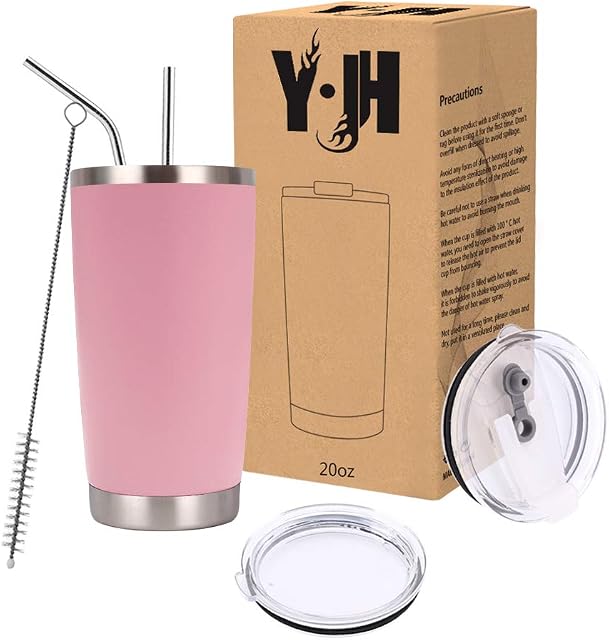 Y·J&H 20oz (550ml) Travel Tumbler Double Wall Vacuum Insulated Coffee Mug Stainless Steel Coffee Cup with 2 Splash Proof Lid, 2 Straws & Free Cleaning Brush, BPA Free - Pink