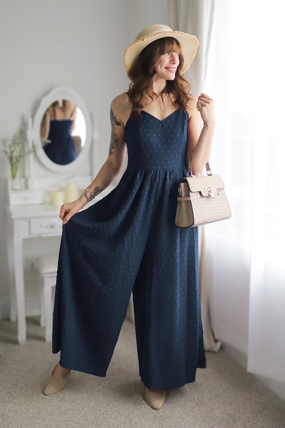 Monos de pierna ancha para mujer elegante verano casual LAISHEN Mameluco con bolsillos