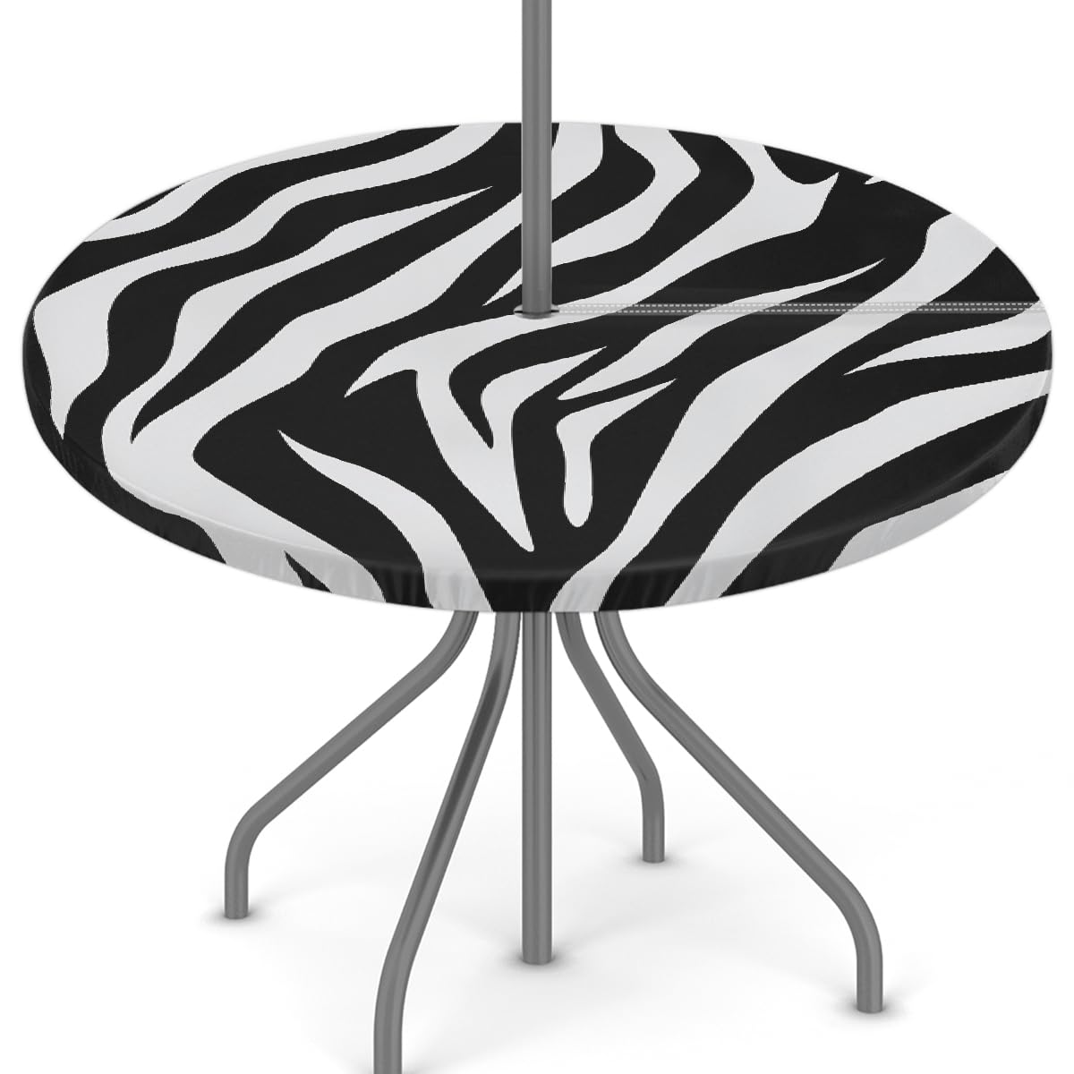 Round Outdoor Fitted Tablecloth with Umbrella Hole, Black White Zebra Print Elastic Table Cloth Animal Zebra Print Waterproof Table Cover with Zipper