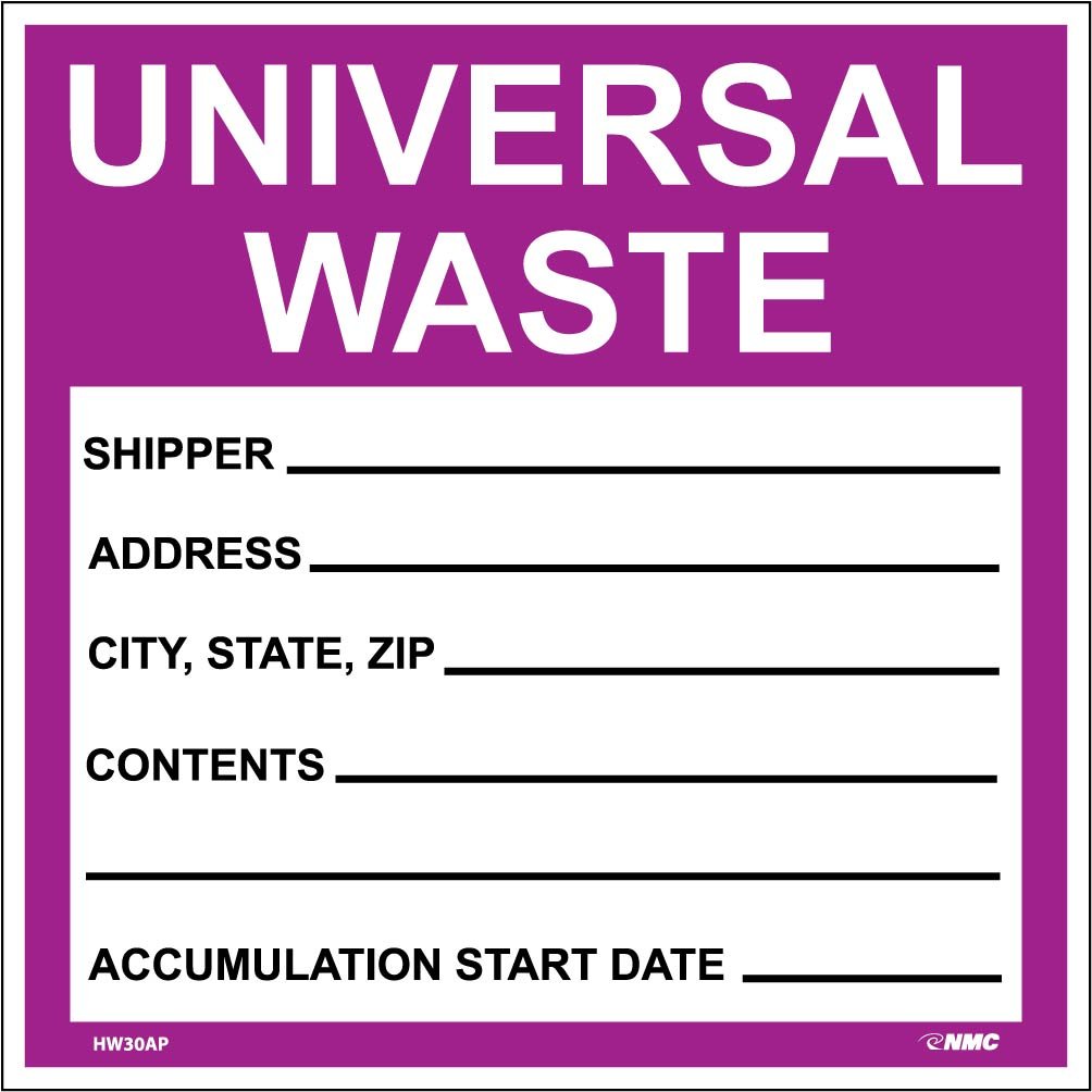 NMC HW30AP UNIVERSAL WASTE Label - [Pack of 25] 6 in. Square PS Vinyl Hazardous Material Label with White/Black Text on Purple/White Base