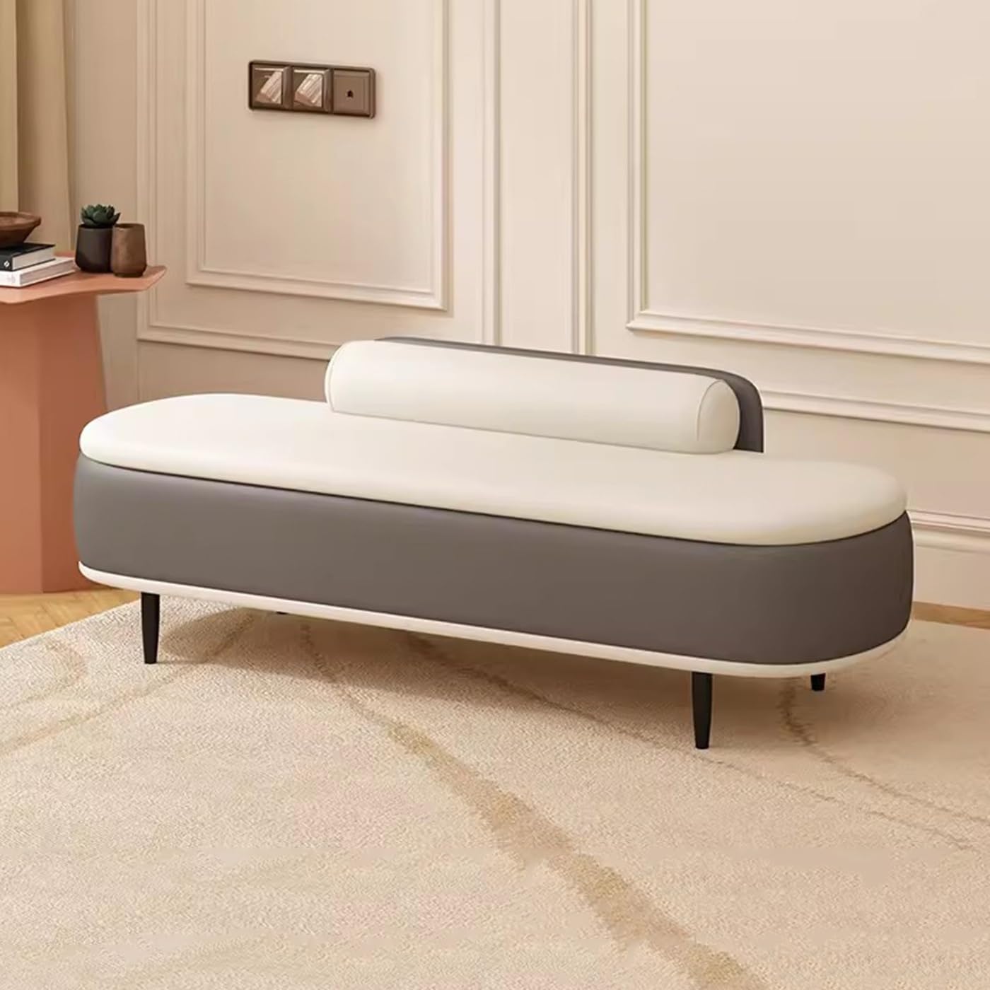 ZHANGshouf Modern Ottoman Storage Bench with Lumbar Pillow Entryway and Living Room Storage Box Faux Leather Footrest Stool Dark Grey and Beige 100cm