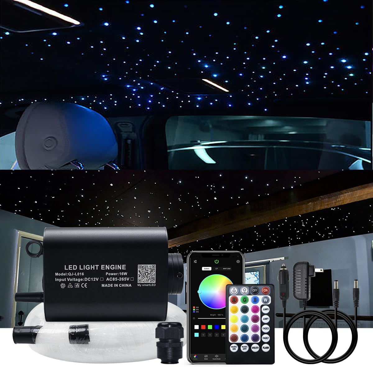 16W Fiber Optic Lights Star Ceiling Light Kit for Car & Home,Fibre Optical Cable Strands 150pcs 0.75mm 6.5ft/2m+28key Musical Remote Control