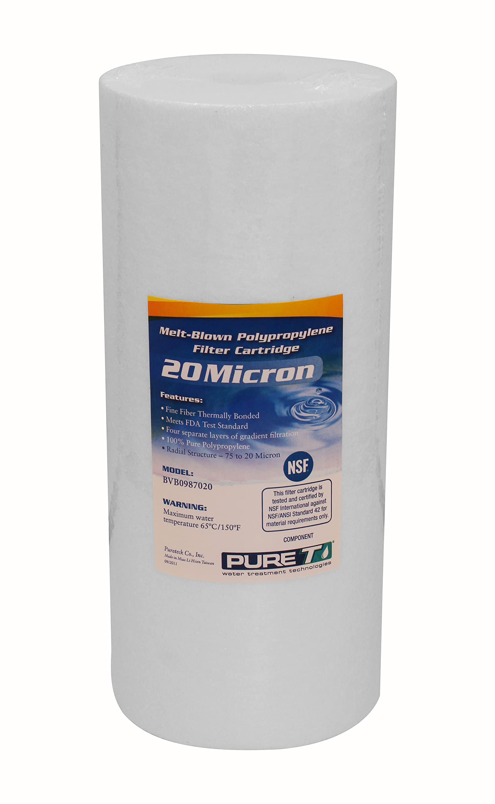 PureT BVB0987020 Filtro de sedimentos de agua de 10 x 4.5 pulgadas, certificado NSF, filtro de poliéster hilado que elimina sedimentos y otros desechos orgánicos (clasificación de 20 u micras)